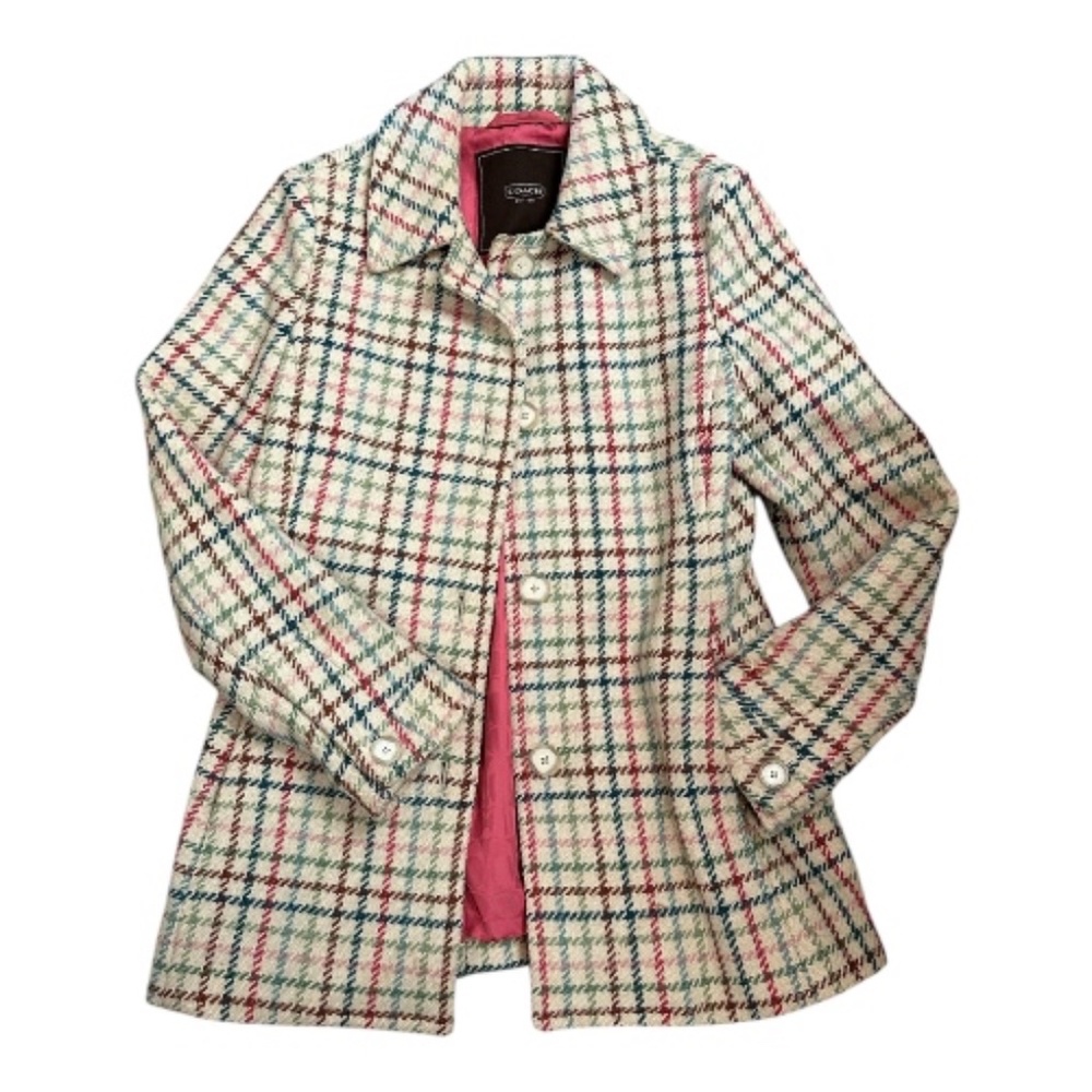 Coach Plaid Tattersall Tweed Wool Pea Coat Jacket